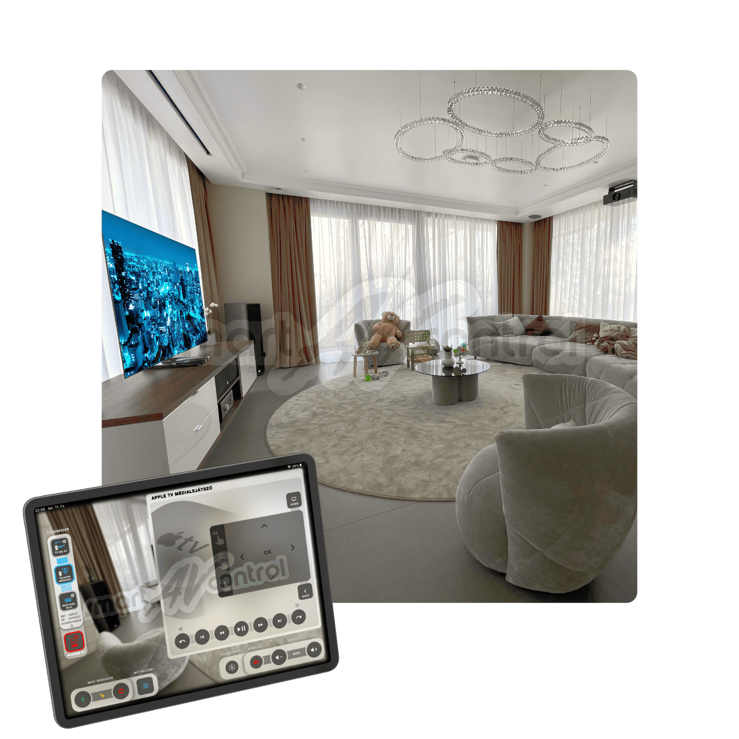nappali házimozi rendszer tv-vel, projektorrel és tablet vezérléssel
